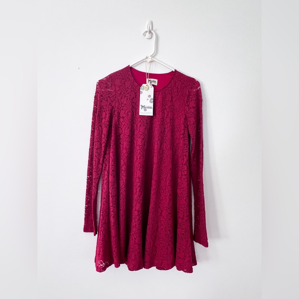 Size XS, Show Me Your Mumu Lace Mini Dress, Long Sleeve Sheer Red Party Dress